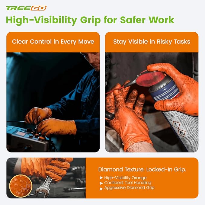 TREEGO Heavy Duty Orange Nitrile Gloves 10 Mil Disposable Rubber Work Gloves - Double Diamond Grip, Mechanic Rubber Gloves for Automotive & Industrial Use, Latex Free, 100 Count Medium