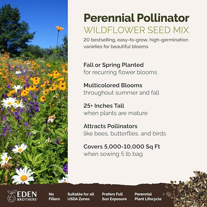 Eden Brothers Perennial Pollinator Wildflower Mixed Seeds for Planting, 5 lbs, 2,400,000+ Seeds with Blue Flax, Coneflower | Attracts Pollinators, Plant in Spring or Fall, Zones
