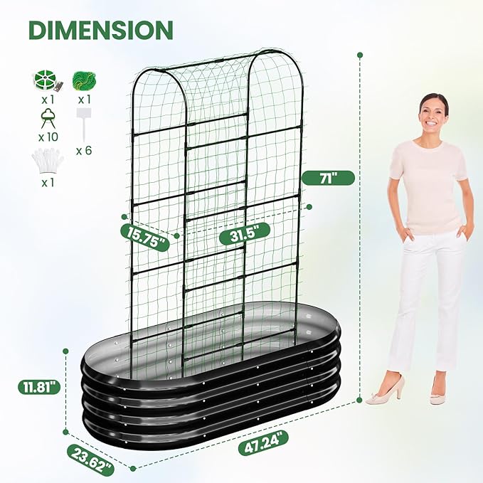 2 in 1 Galvanized Raised Garden Bed with 71" H Arch Trellis for Climbing Plants, Outdoor Gardening Planter Box with Climbing Net for Flowers Vegetables Fruits Herbs, Black