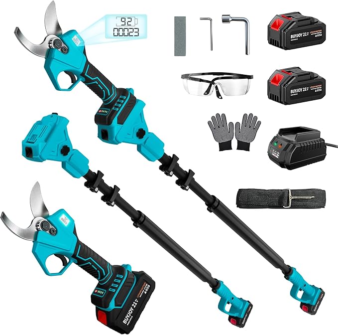 2-in-1 Pole Pruning Shears, 1.6" Cutting Diameter Cordless Electric Pole Pruners - Brushless Motor, 2x4.0Ah Batteries, Extra SK5 Blade, 4 Modes Adjustable Branch Cutter for Garden & Flower (Blue)