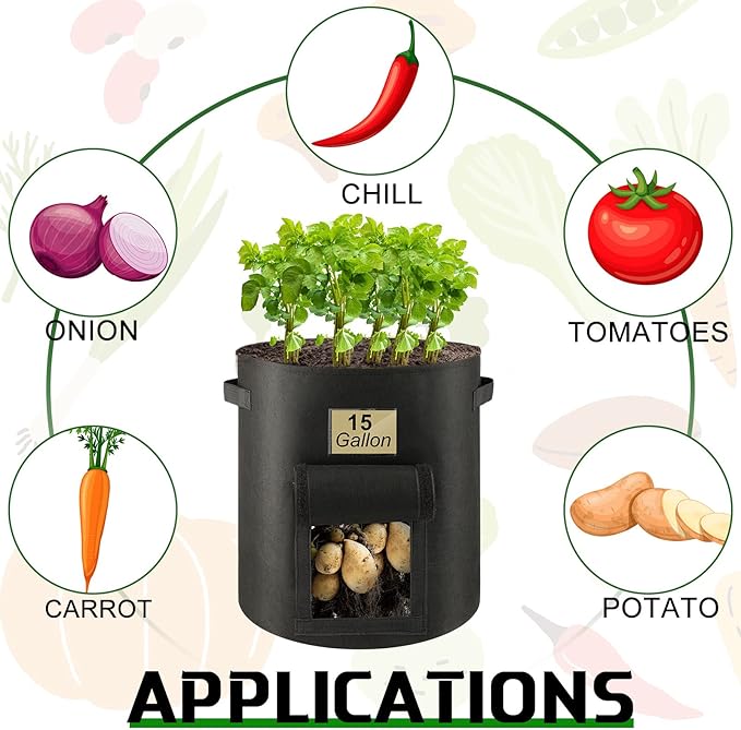 10 Pcs 15 Gallon Potato Grow Bags with Flap Grow Containers Bucket Nonwoven Fabric Garden Bags Potato Planter Pots with Handles Potato Growing Containers for Planting Potatoes Tomato Vegetables, Black