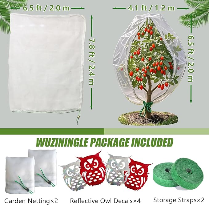 Large Garden Bird Netting with Zipper & Drawstring, 2 Pack 6.5x7.8 ft Plant Protection Cover for Trees/Shrubs, w/4 Reflective Tapes & 2 Securing Straps
