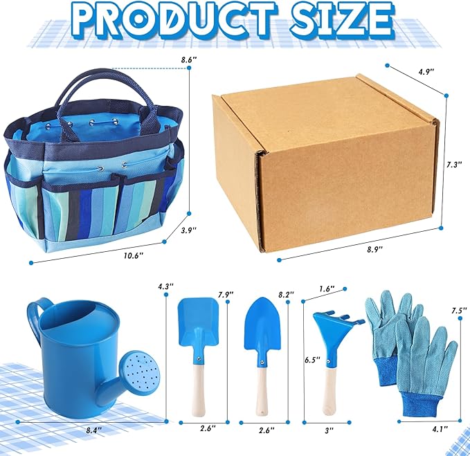 Kids Gardening Tools Set, Toddler Play Kit Child Outdoor Toy with Gloves, Watering Can, Metal Shovel, Rake, Spade & Storage Bag, Backyard Sand Digging Holiday Birthday Gift for Boy Girl 3 4 5 (Blue)