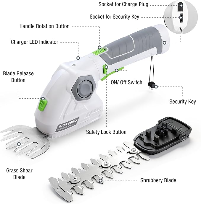WORKPRO Cordless Grass Shear & Shrubbery Trimmer - 2 in 1 Handheld Hedge Trimmer 7.2V Electric Grass Trimmer Hedge Shears/Grass Cutter 2.0Ah Rechargeable Lithium-Ion Battery and USB Cable Included