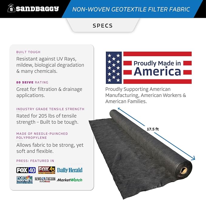 Sandbaggy Non Woven 8 oz Geotextile Landscape Fabric | Made in USA | 50 Year UV Protected Industrial Grade Fabric | 205 Lbs Tensile Strength | DOT Approved (17.5 ft x 25 ft Roll)