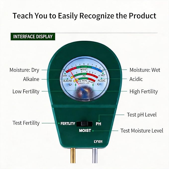 3-in-1 Soil Test Kit: Soil Moisture Meter, pH Meter, and Fertility Tester. Ideal for Gardens, Farms, Plants, Outdoor and Indoor use, Lawn Care, and houseplants. No Battery Required.