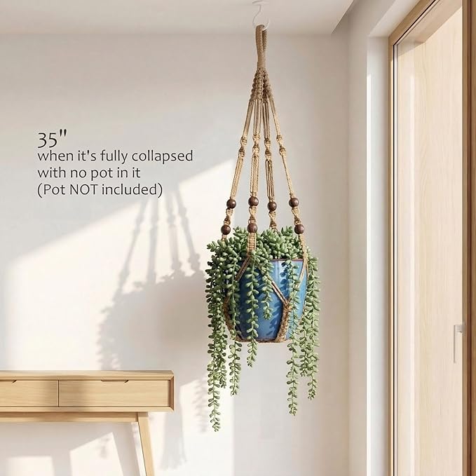 Macrame Plant Hanger 35", No Tassel Hanging Plant Holder, Sturdy Flower Pot Holder with 2 Hooks - Brown