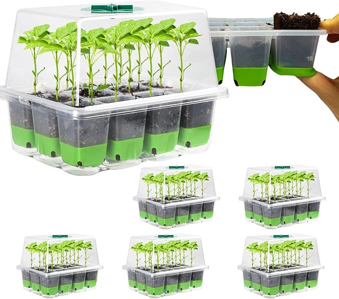 BeGrit 72 Cells Reusable Seed Starter Tray, 6 Pack Seed Starter Kit with Silicone Cells, Air Vent Humidity Domes for Indoor Gardening Plant Germination Trays for Seeds Starting (Clear)