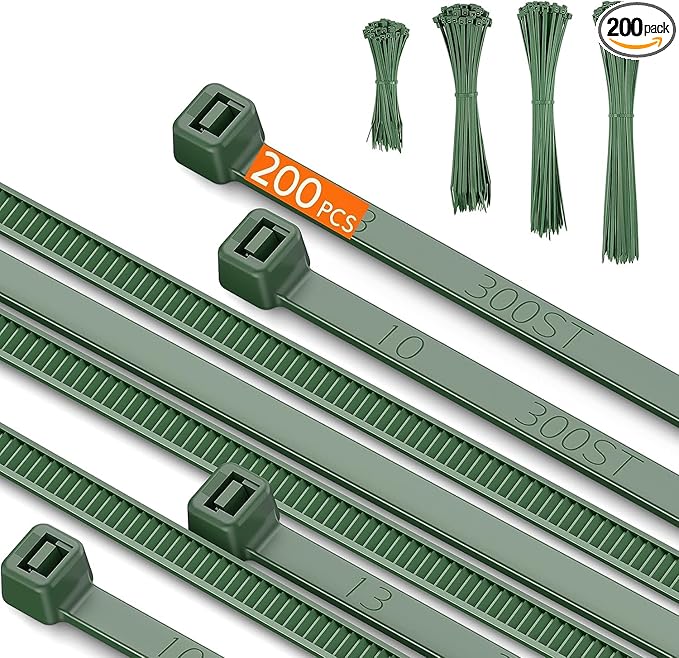 PA66 Green Zip Ties, 200pcs 12+10+8+4 Inch with 22-55lb Strength, Premium Heavy Duty Self-locking Nylon Cable Ties, Decoration Tie Wraps for Christmas Tree Holiday Lights Gardening Plants Grid Wall