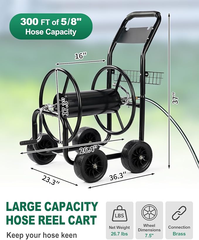 Outvita Garden Hose Reel Cart, Lawn Water Planting Cart with Wheels, Heavy Duty Outdoor Yard Water Planting Truck Holds 300-Feet of 5/8-Inch Hose with Storage Basket for Patio Farm(Black)