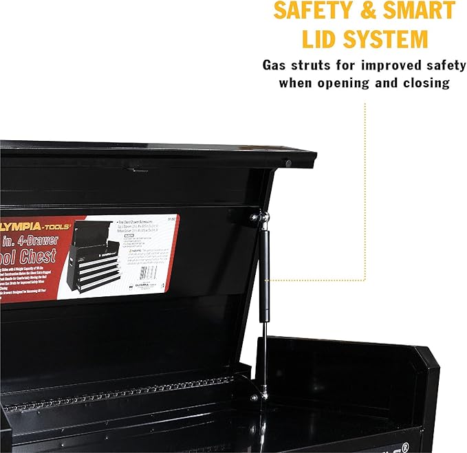 Olympia Tools 26-Inch 4-Drawer Portable Tool Chest, Metal Storage Organizer Box, Black - Work Toolbox for Home Garage and Workshop with Locking Lid and Ball Bearing Slides
