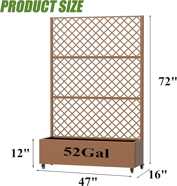 Casaphoria Metal Raised Garden Bed with Trellis and Wheels, 72"x47"x16" Arched Planter Box for Climbing Plants, Vegetables & Vines, Features Drainage Holes and Privacy Screen, Brown-Rhombus