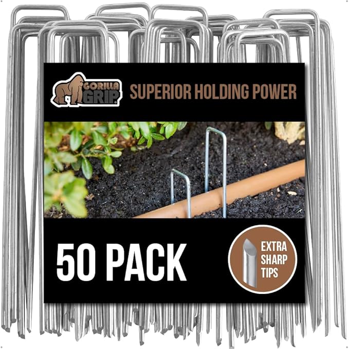 GORILLA GRIP 50 Pack Strong Galvanized Steel Landscape Staples, Rust-Resistant Sharp Tips, Plant and Garden Stakes, Adjustable Ground Yard Anchors, Outdoor Metal Landscaping Pins for Lawn, 6 Inch