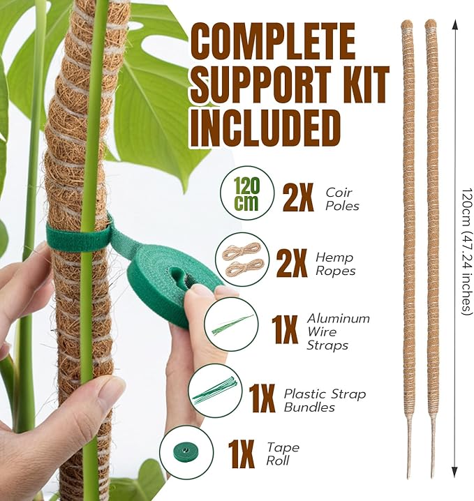 Mcbazel 2 Pack 47 Inch Bendable Moss Pole for Plants Monstera - Tall Coco Coir Plant Support Stakes for Large Indoor Climbing Plants Vines - Flexible Totem Stick Kit with Full Garden Ties