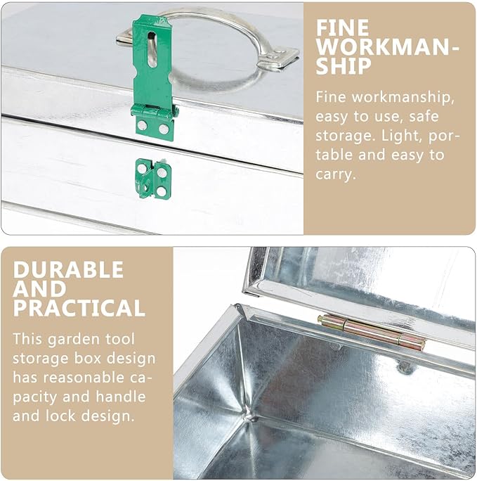 LIFKOME Garden Tool Storage Box with Lock and Handle, Metal Gardening Tools Organizer Case 25x14x7cm, Multipurpose Sundries Holder for Outdoor and Garage Use