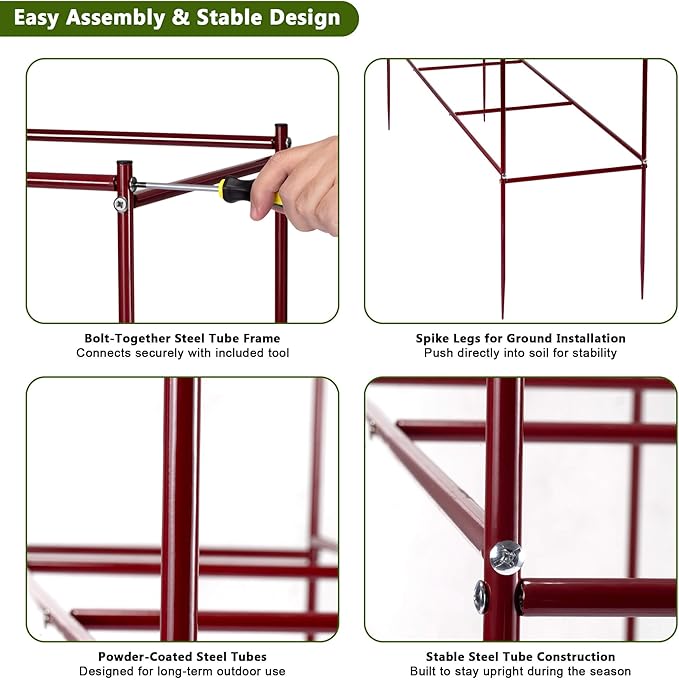 Tomato Cages – 47" H x 58" L x 14" W Row Tomato Trellis, 3-Tier Heavy-Duty Steel Support System for Indeterminate Tomatoes, Supports Up to 6 Plants Per Set