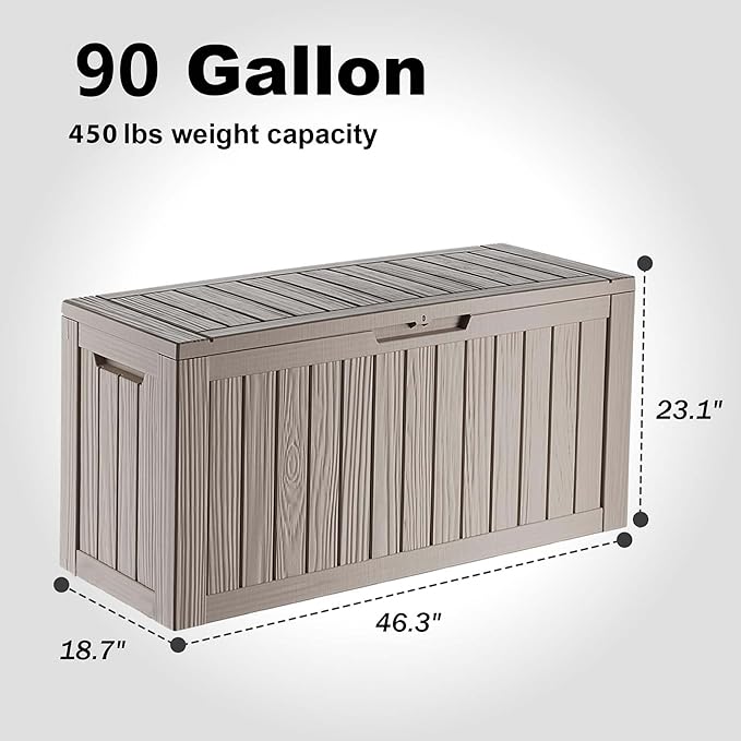 PatioZen 90 Gallon Deck Box,Resin Outdoor Storage Box with Lockable for Patio Furniture, Pool Accessories, Garden Tools Waterproof Outside Storage Box, Grey
