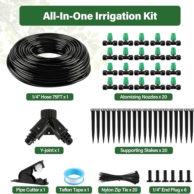 Kalolary 75FT Quick-Connect Drip Irrigation System Kit, Automatic Garden Watering System with 1/4" Tubing & Atomizing Nozzle Automatic Irrigation Equipment for Raised Garden Beds Greenhouse Lawn