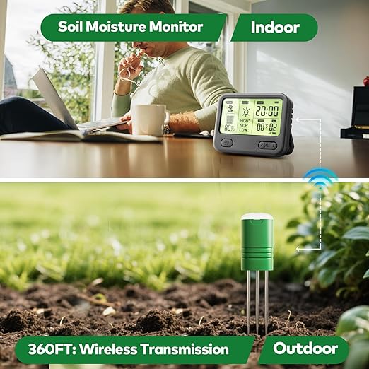 Soil Moisture Meter for Plants, Multi-Zone Wireless Soil Test Kit & Soil Thermometer, TDR4-in-1 Plant Water Meter, 230ft RF, IPX5 Waterproof, Indoor Outdoor Garden Lawn Farm(Display+2Sensor)