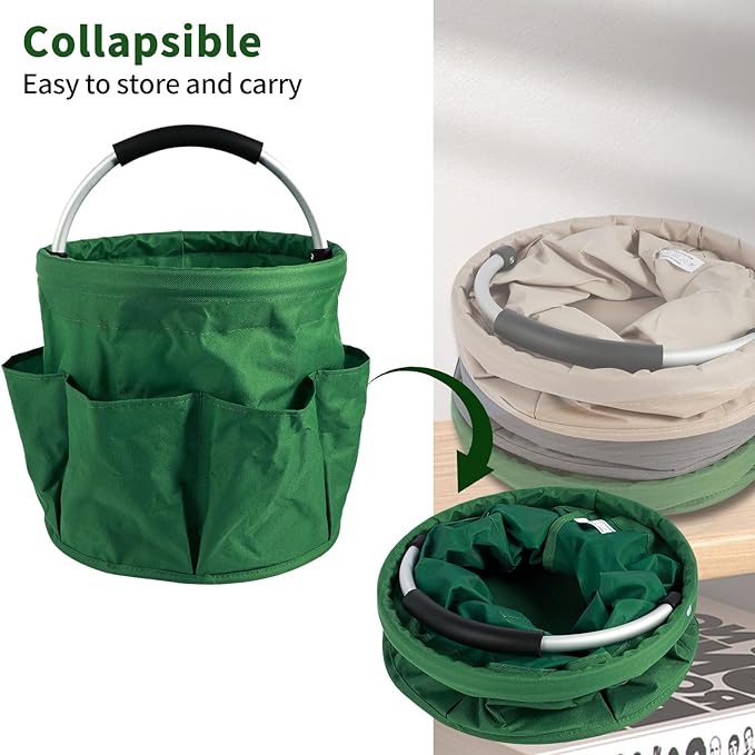 Gardening Storage Tote with Handle and 6 Pockets, Folding Garden Tool Basket, Storage Bag for Outdoor Picnic Organizer, 17L Cleaning Organizer, Bathroom Organizer, Garden Tool Kit Holder (Green)