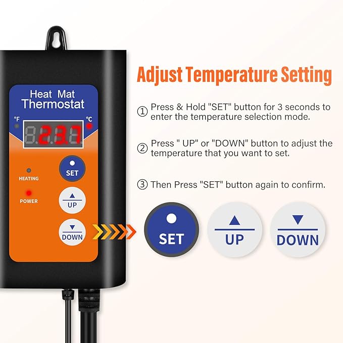 iPower Digital Heat Mat Thermostat Temperature Controller for Seed Germination Rooting Reptiles and Brewing Breeding Fermentation Incubation Greenhouse, 1000W-Orange, Black