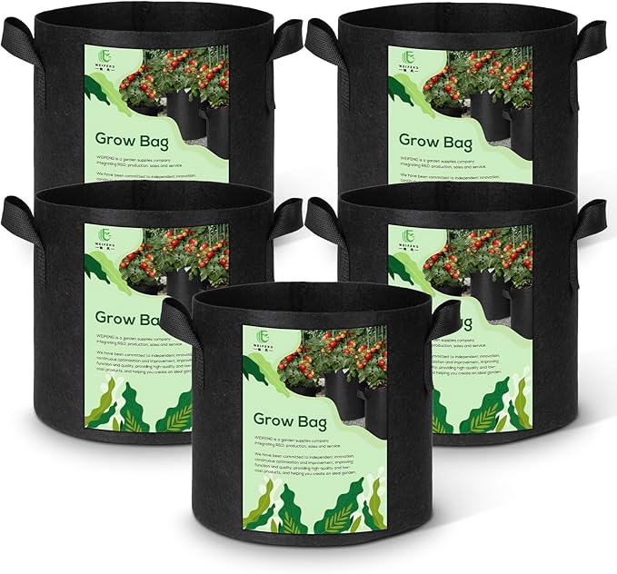 WEIFENG 5-Pack Grow Bags 10 Gallon, Heavy Duty Fabric Pots with Handles for Large Vegetables, Fruits, Shrubs
