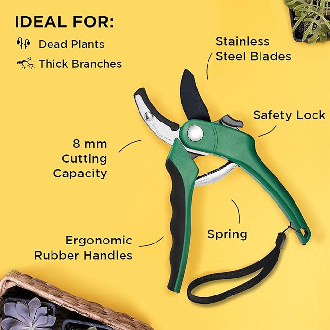 Nevlers 8" Green Anvil Pruning Shears Heavy Duty | Hand Pruners for Gardening w/Steel Blades, Safety Lock & Ergonomic Grip | 8mm Cut Plant Shears & Garden Clippers Handheld for Dead Stems & Branches