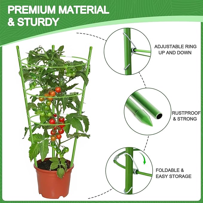 KLS 3 Pack Tomato Cage for Pots Plant Support, Upgrade 24 Inches Tomato Cages for Garden, Pepper Cage Trellis Kit with Plant Tie and Clips (24")