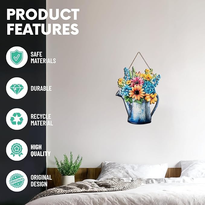 Quterhero Watering Can Flower Wall Decor, Metal Hanging Art for Indoor Outdoor Wall or Porch, Vintage Farmhouse Porch Decor Gift for Mom, Women, Friends(Chrysanthemum)