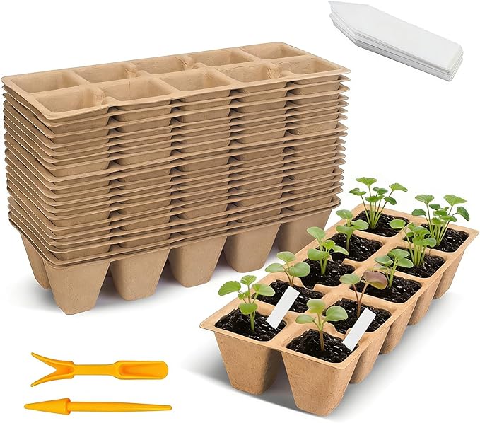 200 Cells Seed Entry Tray, 20 Packs Biodegradable Seedling Peat Pots, with 100 White Labels, Plant Starter Kit for Seedlings Biodegradable Peat Pots and 2 Planting Transplanters