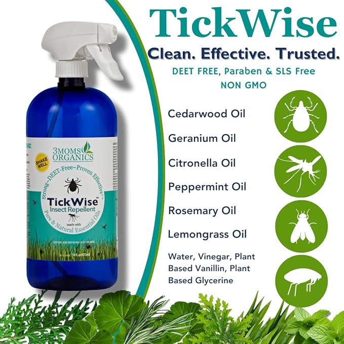 3 Moms Organics TickWise Insect Repellent, 32oz Extra Strength - DEET- Free, Tick and Insect Repellent, Plant Based Essential Oils, All Natural Ingredients, Safe for Kids, Adults, Dogs and Horses