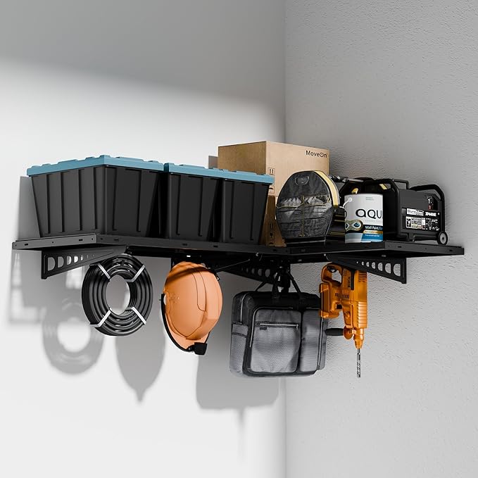FLEXIMOUNTS 2 Pack 2x4ft Corner Wall Shelving with 4 Hooks, 24x48 inch Garage Storage Rack Floating Shelves, 660lbs Total Weight Capacity, Black, Pro Series