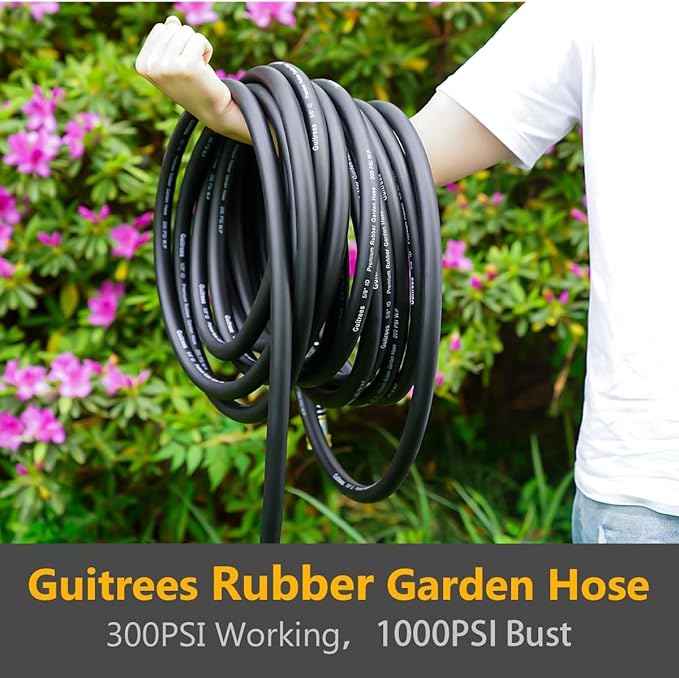 50FT ×1 inch Heavy Duty Rubber Garden Hose - 200psi Working, 1000psi Burst - Hot/Cold Water - Five-Layered Braiding for Durability - Versatile for Gardening, Agriculture, Construction(Black)