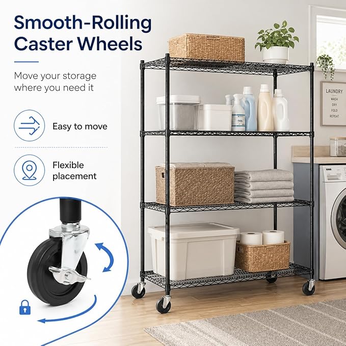 Simple Deluxe 4-Tier Heavy Duty Adjustable Storage Shelf with Wheels, 23.23”W x 17.63”D x 47.24”H, Wide Mobile Metal Shelving Unit, Easy Assembly for Living Room, Office,Black