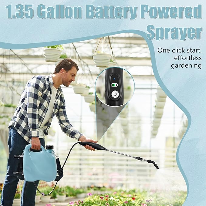 Battery Powered Sprayer 1.35 Gallon, Electric Garden Sprayer in Lawn with 3 Mist Nozzles, USB Rechargeable Handle, Retractable Wand, Yard Pump Sprayers with Adjustable Shoulder Strap for Plants