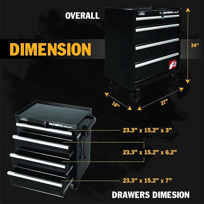 Olympia Tools 27-Inch Rolling Tool Cabinet with 4 Drawers - Mobile Tool Chest with Ball Bearing Slides and Fully Extendable Drawers for Garage Storage