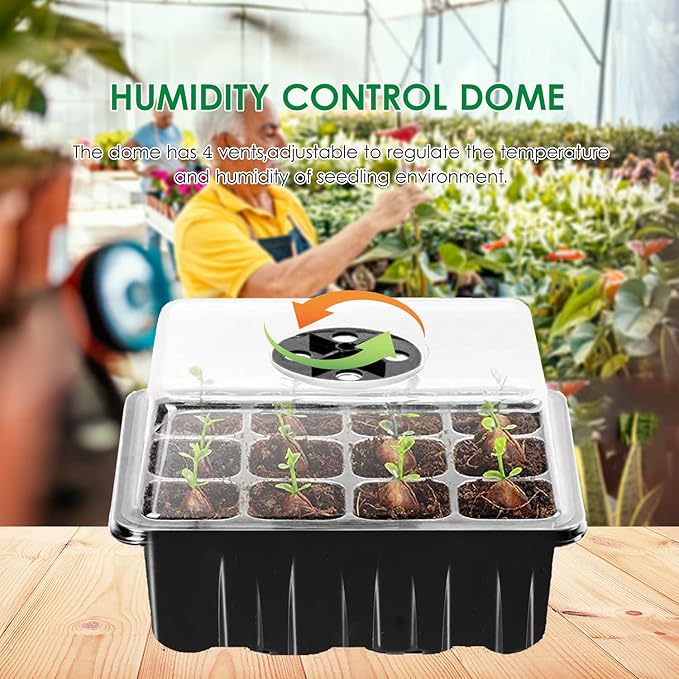 10 Pack Seed Starter Trays 12-Cell Seedling Box with Humidity Adjustment Transparent Domes and Base Trays for Garden Seedling Seed Starting Growing Germination