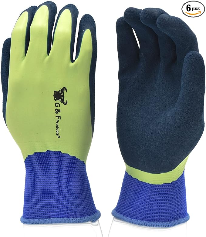 G & F Products G & F 1536M-6 Aqua Gardening Men's Gloves with Double Microfoam Latex Water Resistant Palm, Medium, 6 Pair Pack , Green