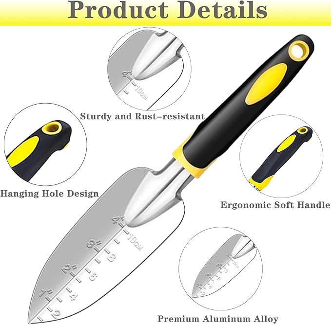 Garden Shovel Trowel Garden Tool with Measurement Mark, Aluminum Heavy Duty Gardening Tool with Ergonomic Handle, Rust Resistant Hand Shovel Spade for Planting Transplanting Weeding Digging