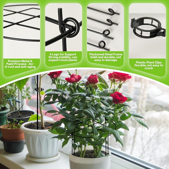 Peony Cages and Supports, 4 Packs Heavy Duty Metal Plant Support, 11.5" Dx16 H Rust-Proof Grow Through Flower Cage, Adjustable Ring for Tomatoes, Hydrangeas, Strawberries & Perennial Flowers