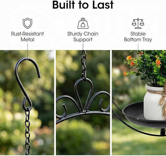 Heavy Duty Metal Hanging Planters for Indoor Plants - Black Plant Hanger with Sturdy Tray & Chains, Modern Boho Wall/Ceiling/Window Mounted Plant Basket (2/S, one Chain Flower Decor)