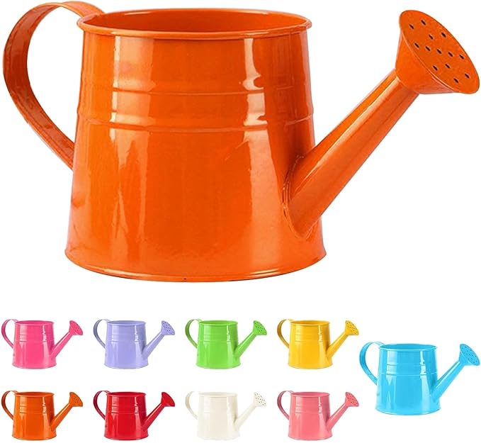 Tinplate Watering Kettle, 1L Metal Garden Watering Can, Vintage Sprinkling Can for Flowers, Indoor & Outdoor Plants, Lawn & Garden Irrigation Tool (Orange)