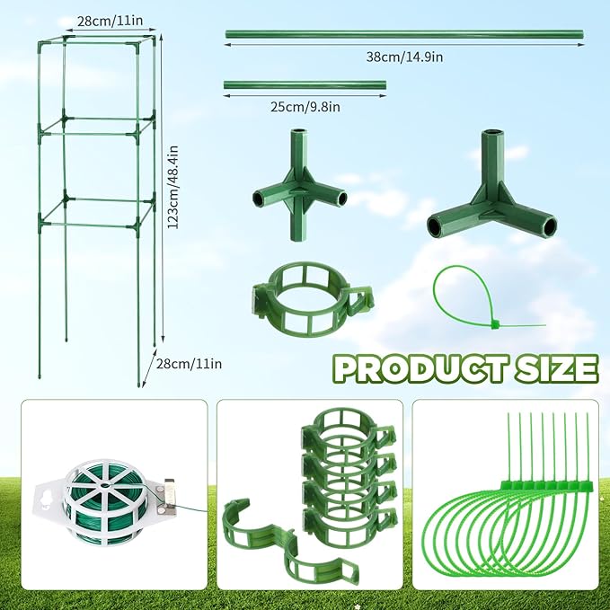Menkxi 8 Pack 48 Inch Square Tomato Cages for Garden Heavy Duty Plant Cages Plant Support Stake Tower Climbing Vegetables Fruit Plants Cages with 200m Garden Wire 100 Cable Ties 50 Green Plant Clips