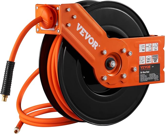 VEVOR Retractable Air Hose Reel, 3/8 IN x 50 FT Hybrid Air Hose Max 300PSI, Air Compressor Hose Reel with 5 ft Lead in, Ceiling/Wall Mount Heavy Duty Single Arm Steel Reel