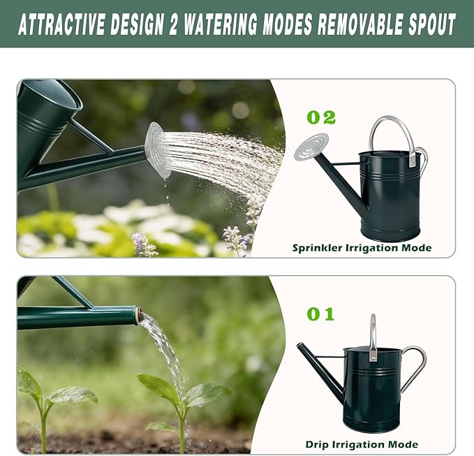 Metal Watering Can for Outdoor Plants, 1.7 Gallon Dark Green Garden Watering Can for Flower, Houseplants, Galvanized Finish
