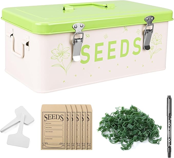 Seed Storage Organizer with Lid, Metal Seed Bin Seed Packet Container with 100 Plant Labels 50 Seed Envelopes 50 Plant Clips 1 Marker Pen, 4 Compartments Box with Locks (Fruit green)