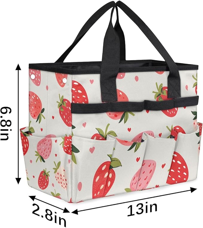 Strawberries Gardening Tool Bag,Heavy Duty Garden Tote Bag,Portable Oxford Gardening Storage Basket Organizer Handbag with Pockets Handle,Hand Tools Gifts for Outdoor Garden Lawn Yard