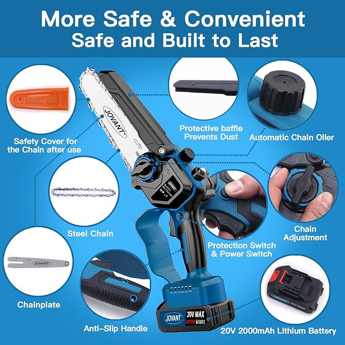 6 Inch Cordless Chainsaw Battery Powered Handheld Lightweight Tree Branches and Wood Pruning Power Tools, Portable Electric Mini Chain saw for Home, Garden and Outdoor use with 2 * 2000mAh Batteries