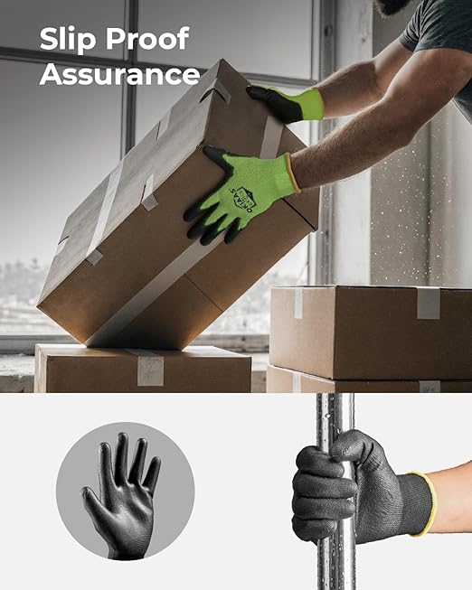 OKIAAS Work Gloves for Men - Ultra Thin and Lightweight With Grip, 12 Pairs Bulk Pack Construction With Polyurethane Coating, Safety for Light Duty Work (Green, Small)
