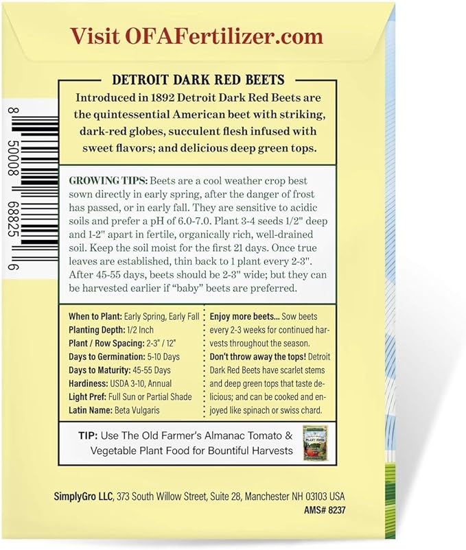 The Old Farmer's Almanac Heirloom Beet Seeds (Detroit Dark Red) - Approx 360 Seeds - Non-GMO, Open Pollinated, USA Origin